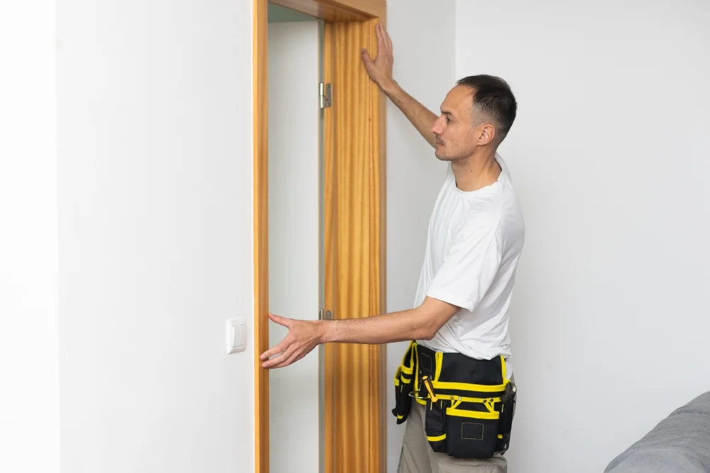 Eine Person montiert einen hölzernen Türrahmen an einer weißen Wand.